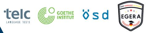 Logos der Sprachprüfungspartner: telc, Goethe-Institut, ÖSD und EGERA