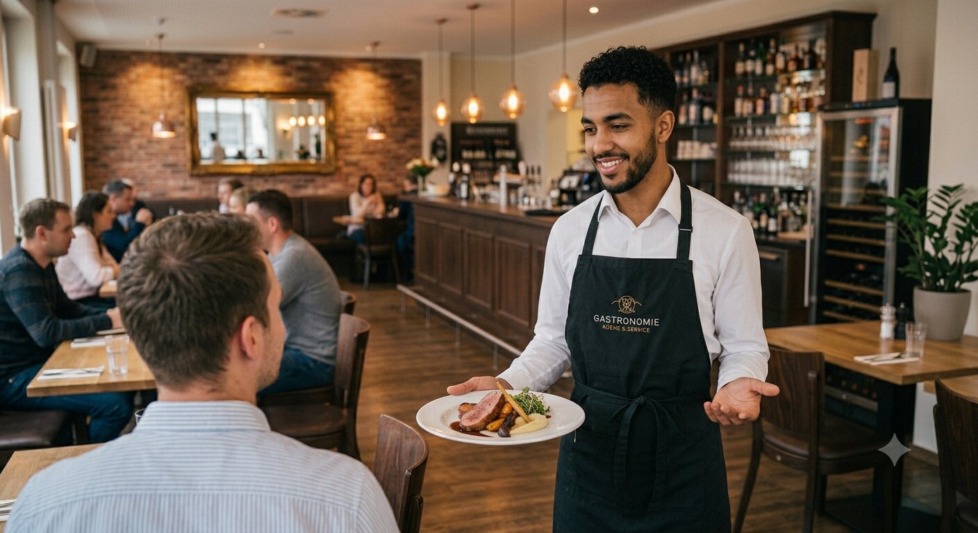 Kellner serviert einem Gast ein Gericht im Restaurant