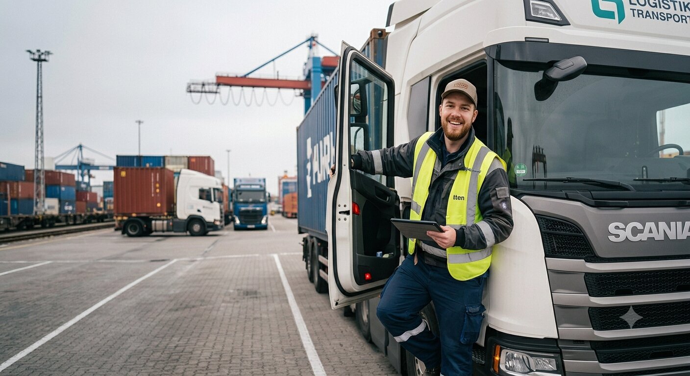 Fahrer vor einem LKW im Logistik- und Speditionsbereich