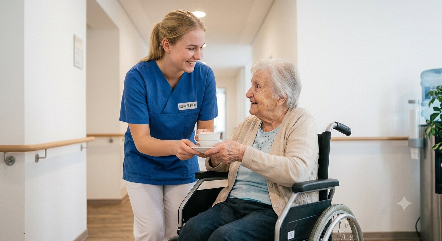 Pflegekraft im Gespräch mit einer Seniorin im Rollstuhl